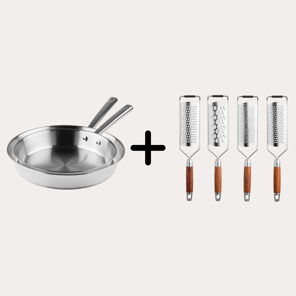 ChefGrade-Bratpfannenset 24 und 28 cm und 4-teiliges Reibenset von Qookware