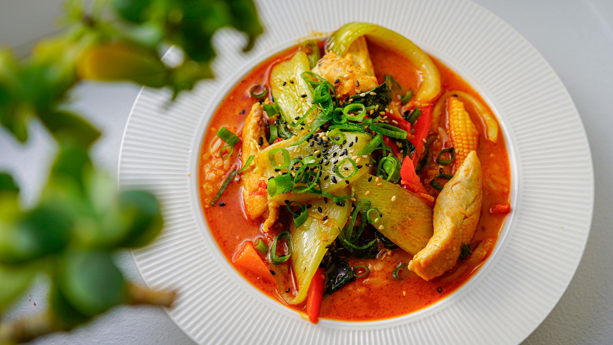 Rotes Curry mit Hähnchen und knackigem Gemüse aus dem Wok